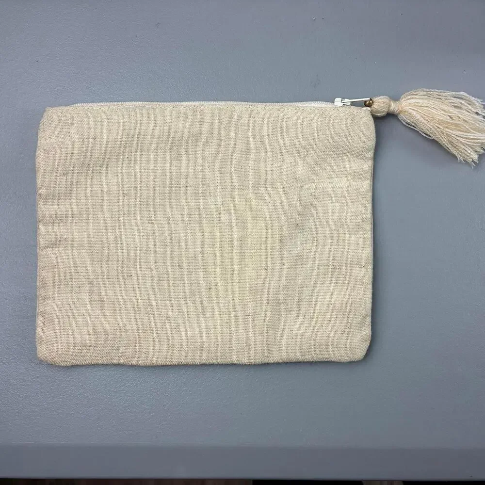 Embellished Beige Cosmetic Bag with Tassel and Zipper Closure